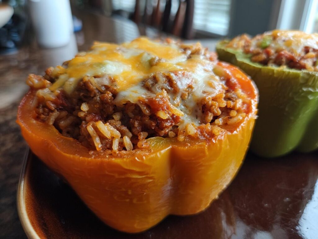 Close-up of a golden yellow bell pepper stuffed with ground beef, rice, and tomato sauce, topped with melted cheese. Another green pepper is visible in the background.