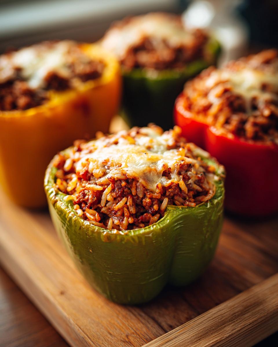 Close-up of a green bell pepper stuffed with ground beef and rice mixture, topped with melted cheese.
