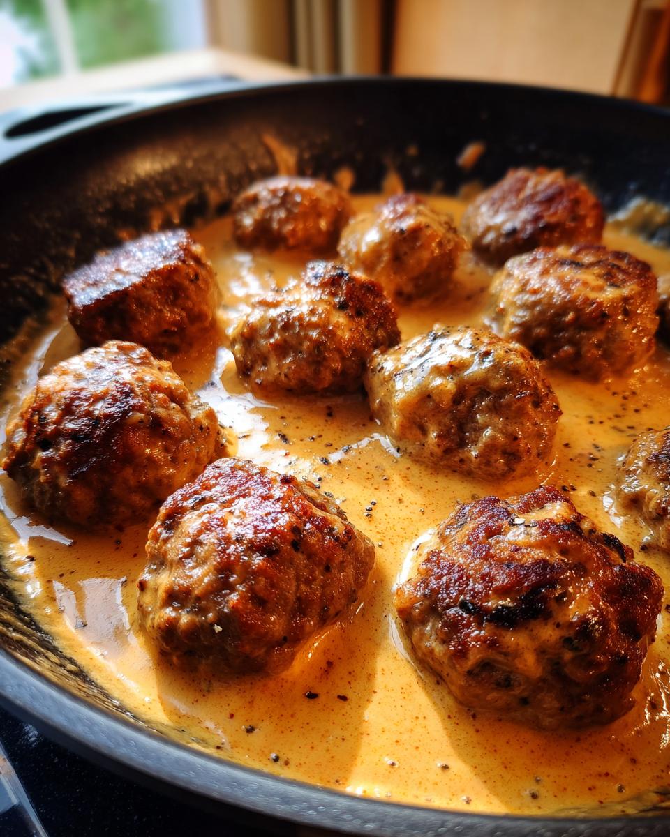 Close-up of delicious ground beef Swedish meatballs simmering in a rich, creamy sauce in a black skillet.