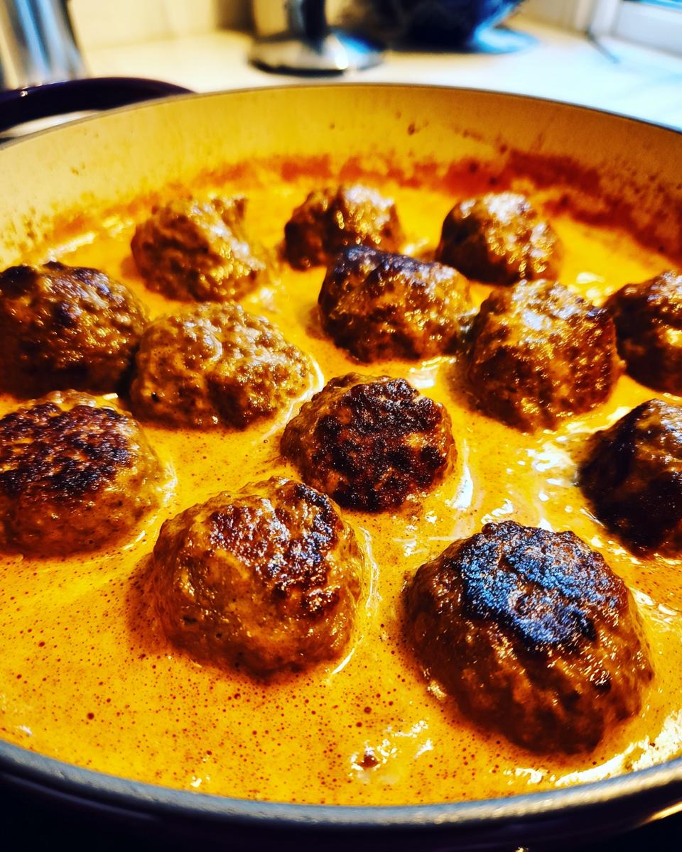 Close-up of juicy ground beef Swedish meatballs simmering in a rich, creamy orange sauce in a pan.