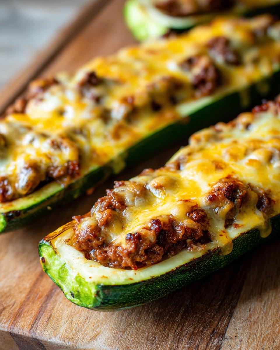 Close-up of baked zucchini boats filled with ground beef and topped with melted cheese.