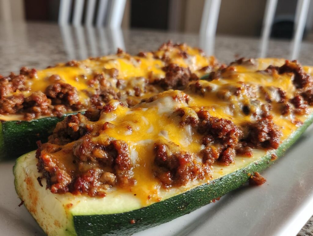 Two baked zucchini boats filled with seasoned ground beef and topped with melted cheddar cheese.
