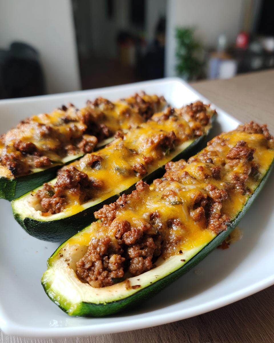 Three baked zucchini boats filled with seasoned ground beef and topped with melted cheese.