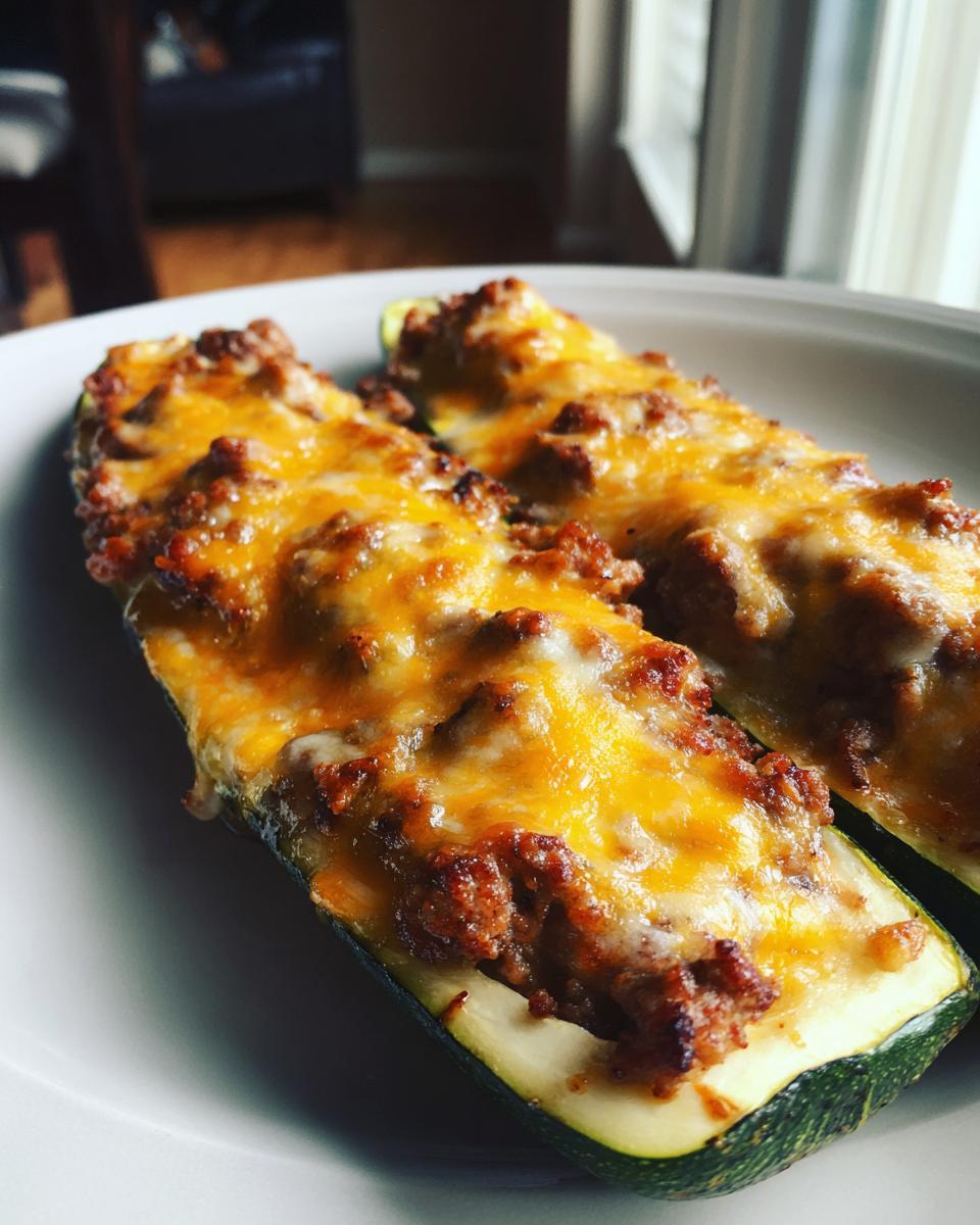 Two baked zucchini boats filled with seasoned ground beef and topped with melted cheese.