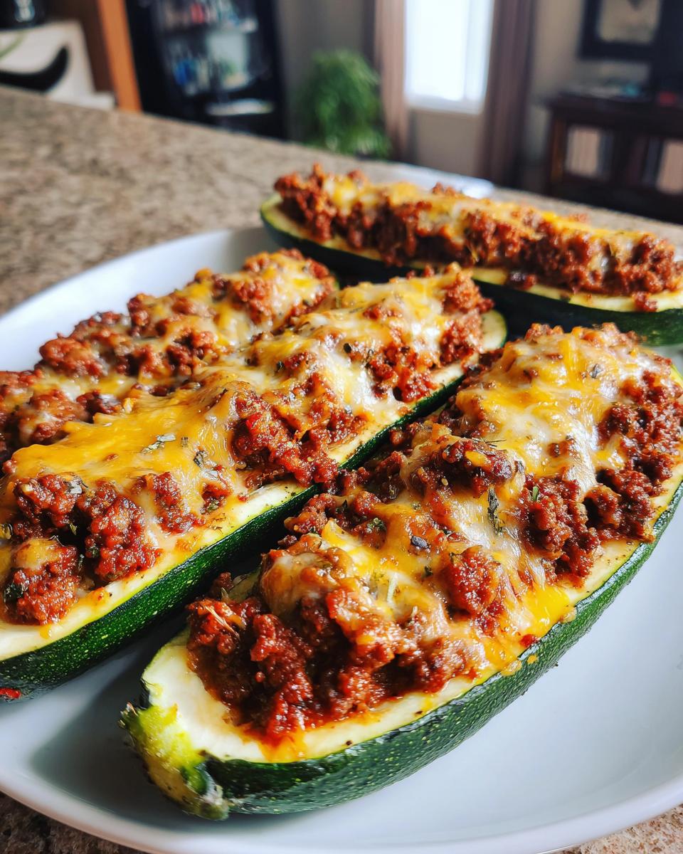 Close-up of baked zucchini boats filled with seasoned ground beef and topped with melted cheese.
