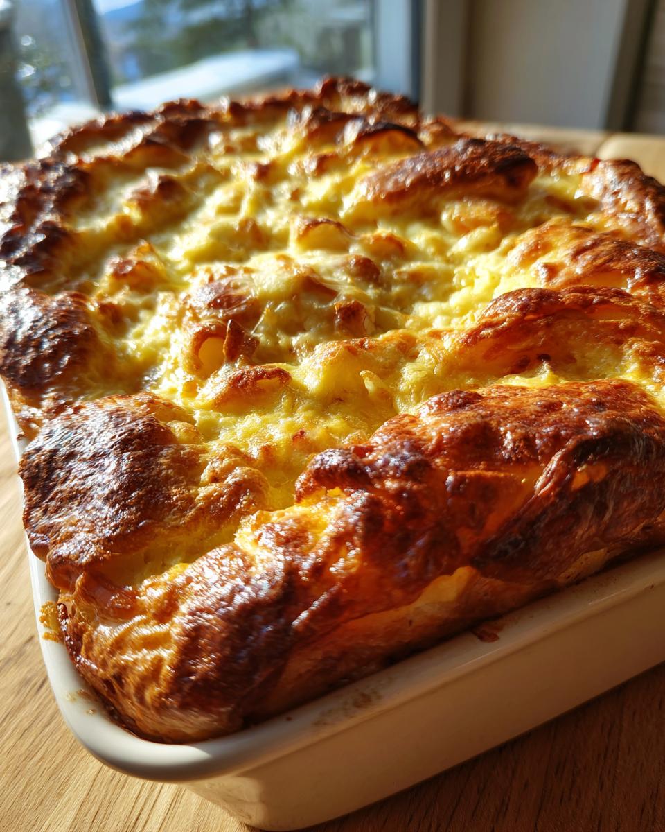 A golden-brown baked Ham and Cheese Croissant Casserole in a white baking dish, ready for breakfast.