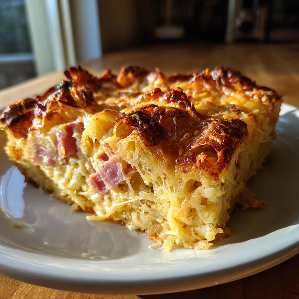 A slice of ham and cheese croissant casserole on a white plate, showing flaky croissants, ham, and melted cheese.