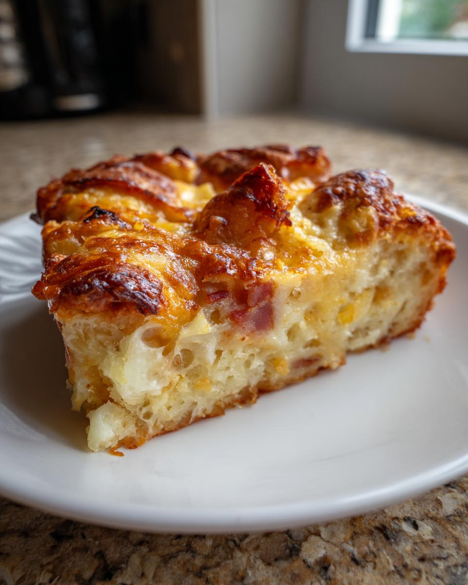 A delicious slice of Ham and Cheese Croissant Casserole, featuring flaky croissants, savory ham, and melted cheese.