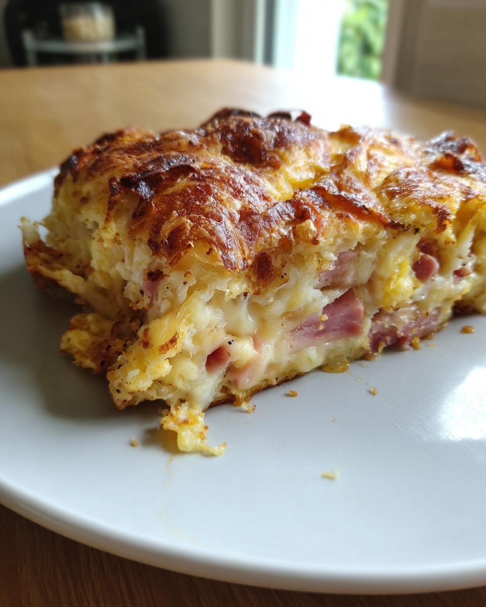 A slice of baked ham and cheese croissant casserole on a white plate, showing layers of flaky croissant, ham, and melted cheese.