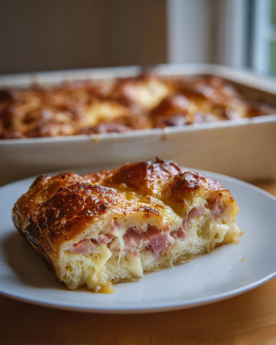A slice of golden-brown Ham and Cheese Croissant Casserole on a white plate, showing layers of ham, melted cheese, and flaky croissant.