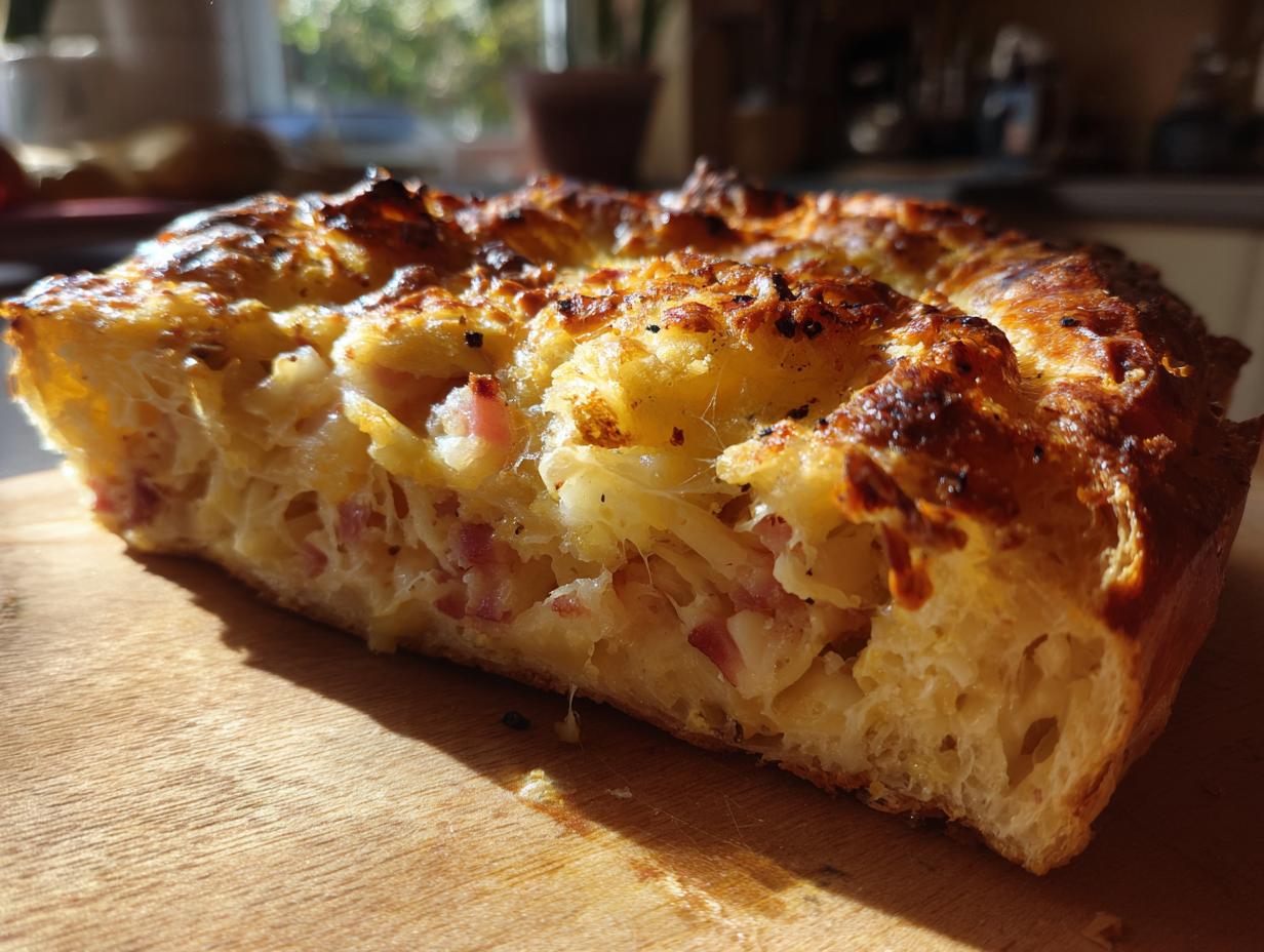 A close-up view of a slice of baked ham and cheese croissant casserole, showing flaky layers and melted cheese.