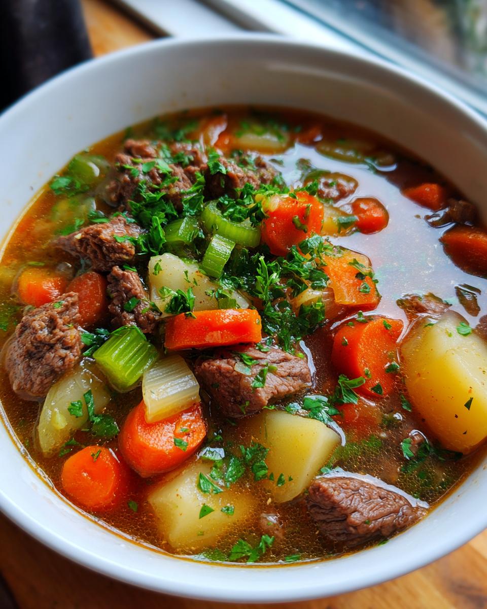 Close-up of a bowl of hearty hamburger soup with tender chunks of beef, potatoes, carrots, celery, and fresh parsley.