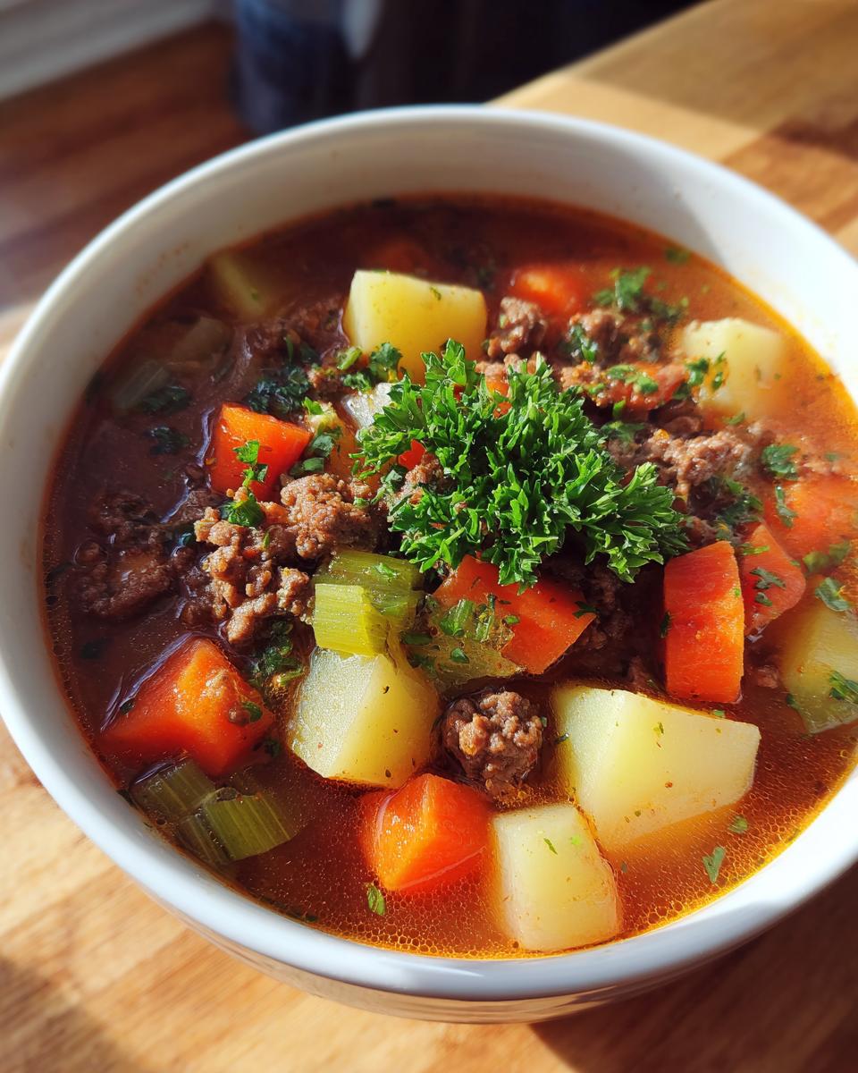 A close-up of a bowl of hearty hamburger soup, featuring ground beef, potatoes, carrots, and celery, garnished with parsley.