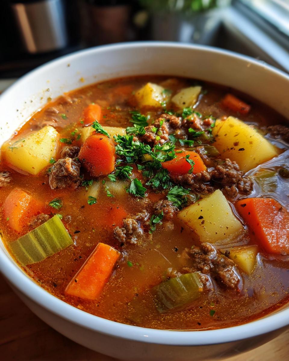 A close-up of a bowl of hearty hamburger soup, featuring ground beef, potatoes, carrots, and celery, garnished with fresh parsley.