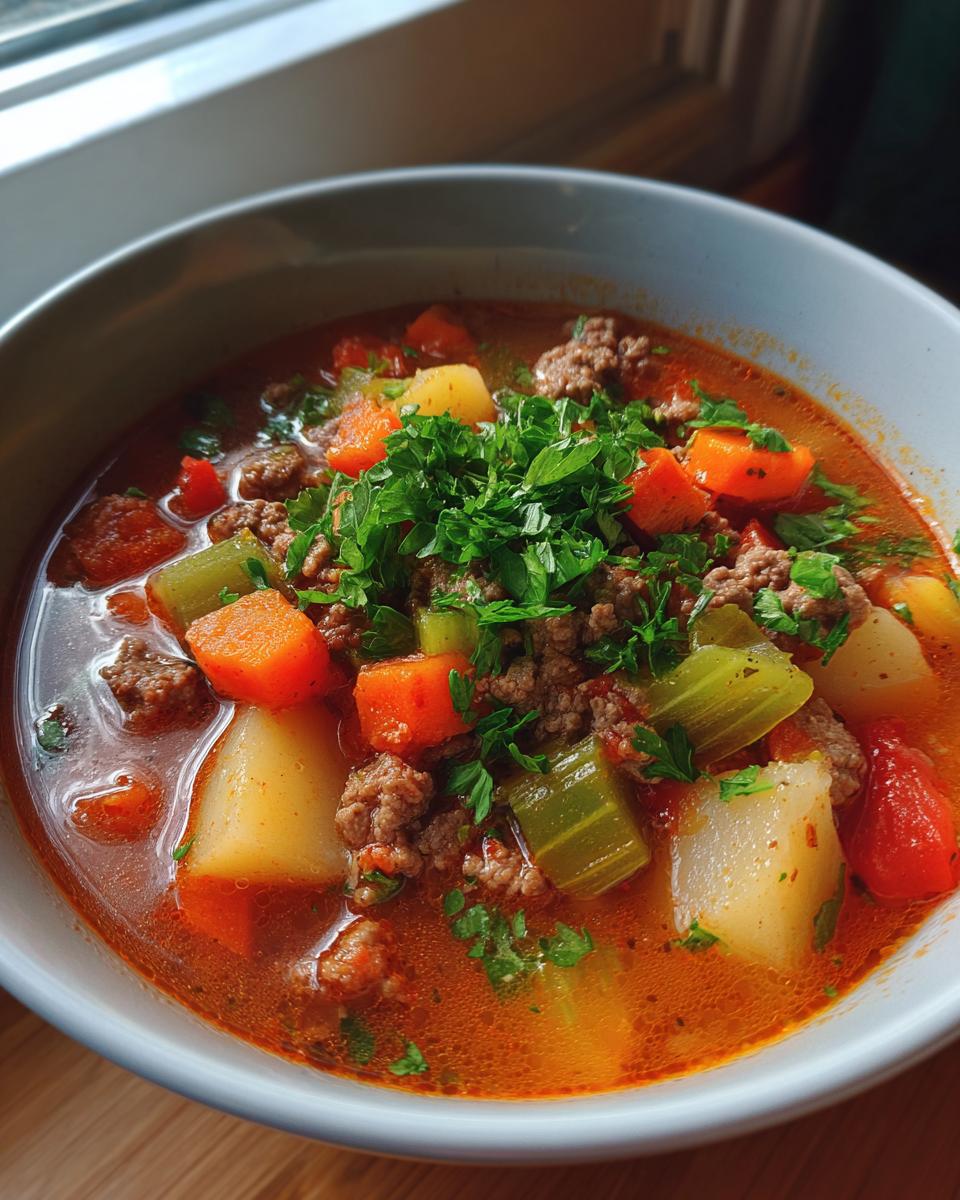 A close-up of a bowl of hearty hamburger soup with ground beef, potatoes, carrots, and celery, topped with fresh parsley.
