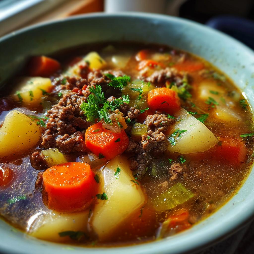A close-up of a bowl of comforting hamburger soup, featuring ground beef, potatoes, carrots, and parsley.