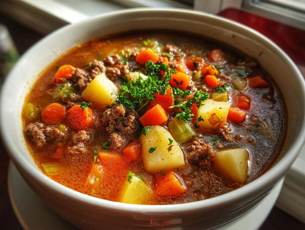 A close-up of a bowl of hearty hamburger soup, featuring ground beef, potatoes, carrots, and parsley.