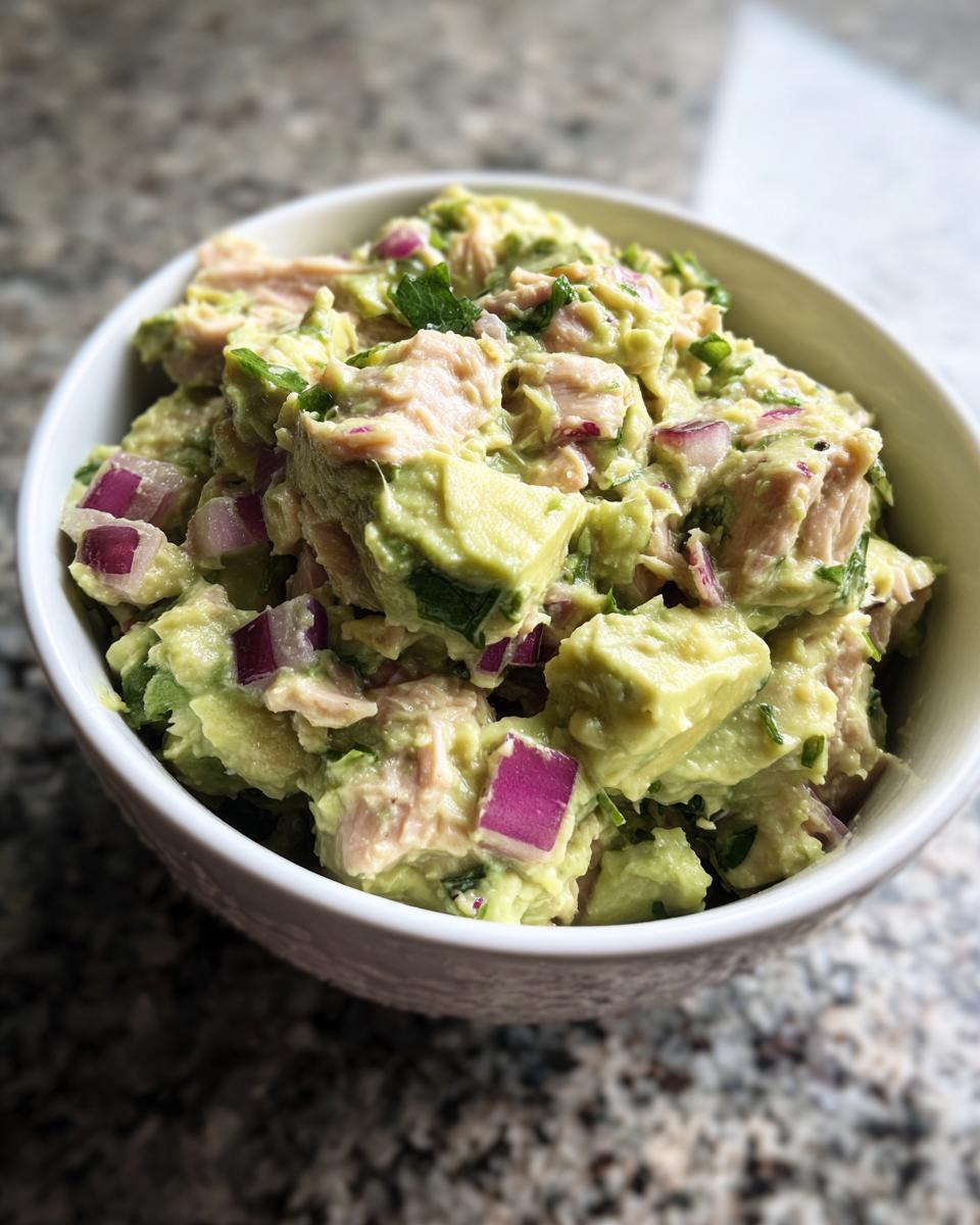 A close-up of a bowl filled with healthy avocado tuna salad, featuring chunks of avocado, tuna, and red onion.