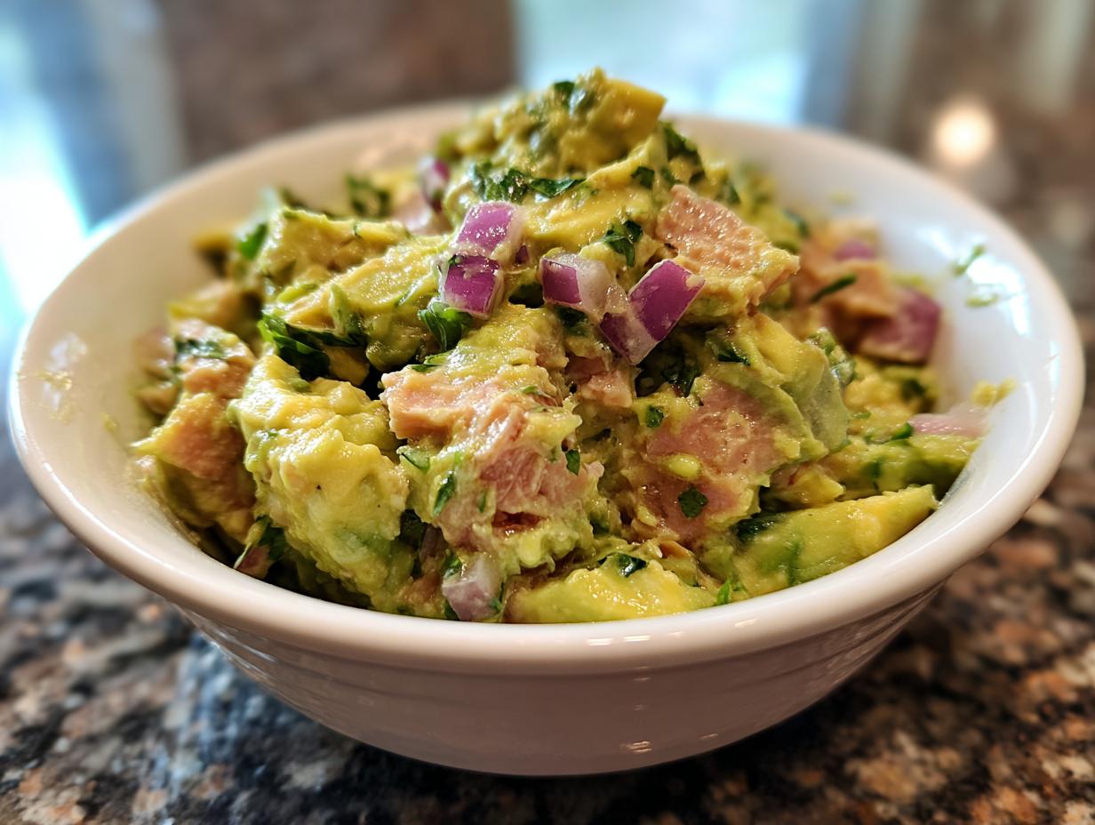 Close-up of a white bowl filled with healthy avocado tuna salad, featuring chunks of avocado, tuna, and red onion.
