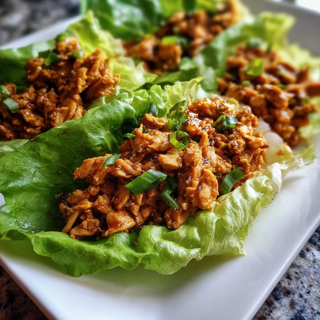 Close-up of healthy chicken lettuce wraps, filled with savory shredded chicken and topped with fresh green onions.