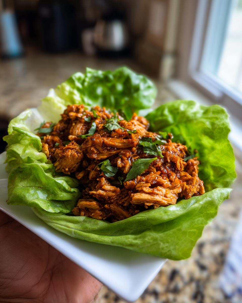 A close-up of shredded chicken filling served in crisp lettuce cups, a perfect healthy lunch idea.