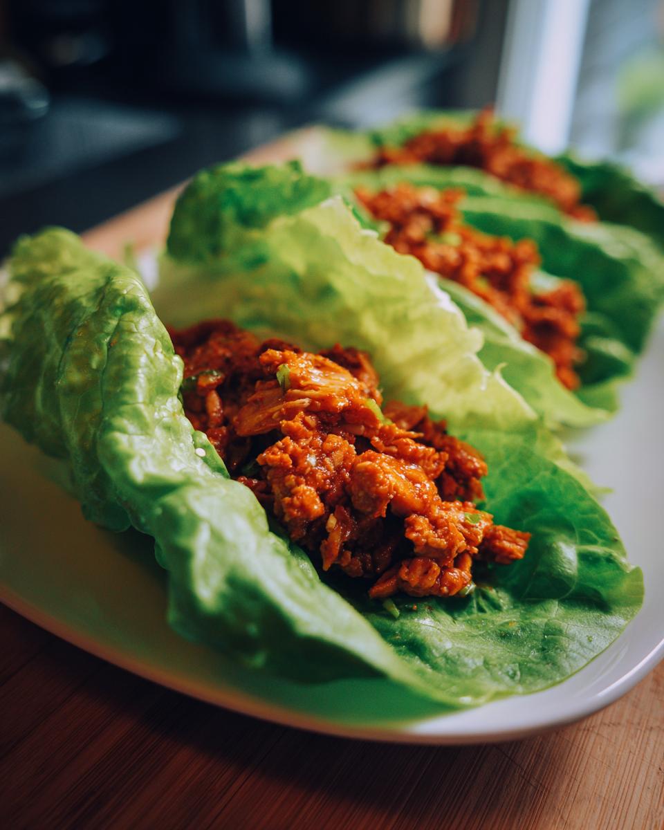 Close-up of healthy chicken lettuce wraps, showcasing crisp lettuce cups filled with seasoned chicken.