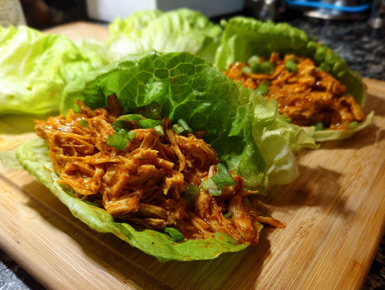 Close-up of healthy chicken lettuce wraps filled with shredded chicken and topped with green onions.