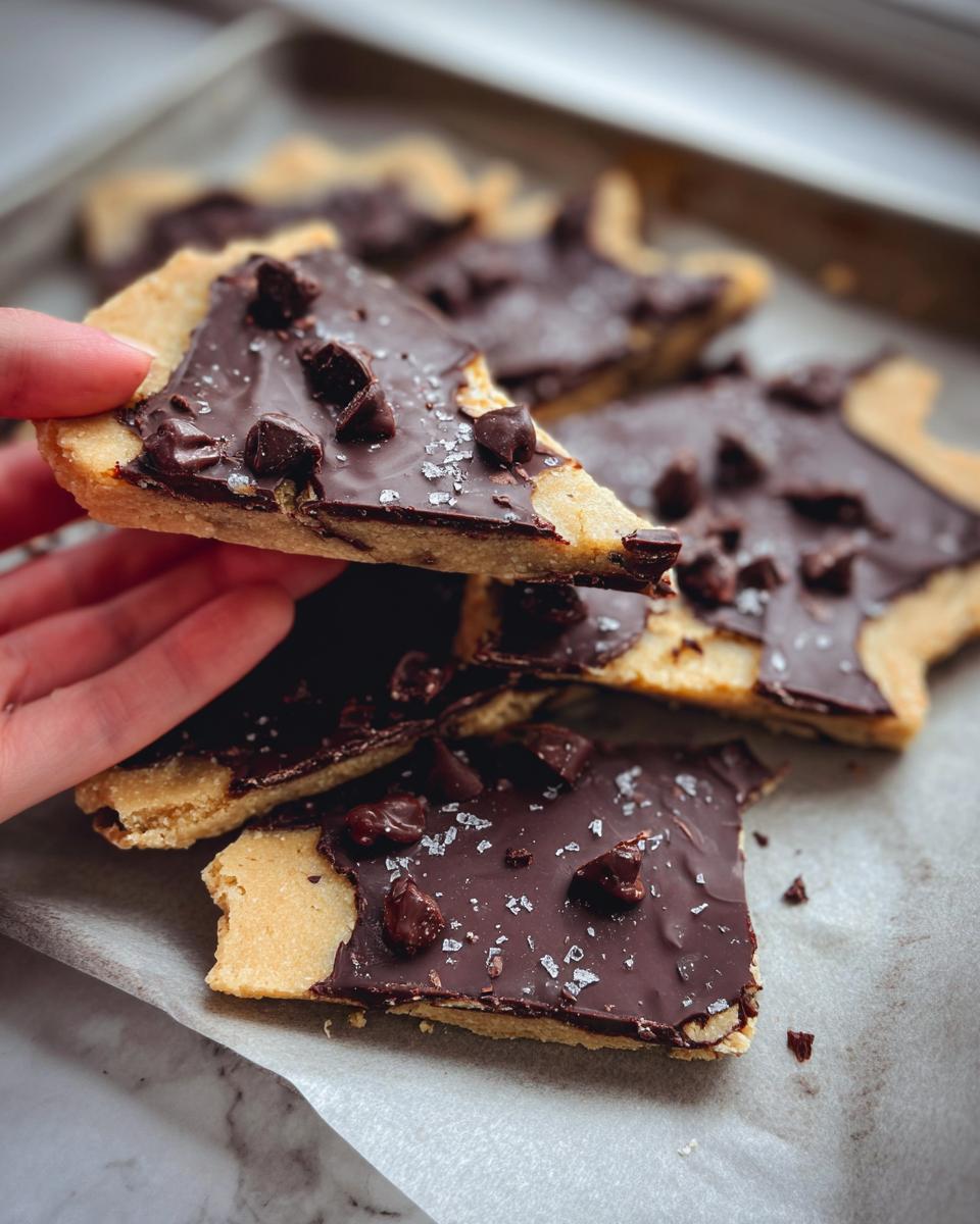 A hand holding a piece of Healthy Cookie Dough Bark topped with dark chocolate and chocolate chips, sprinkled with sea salt.