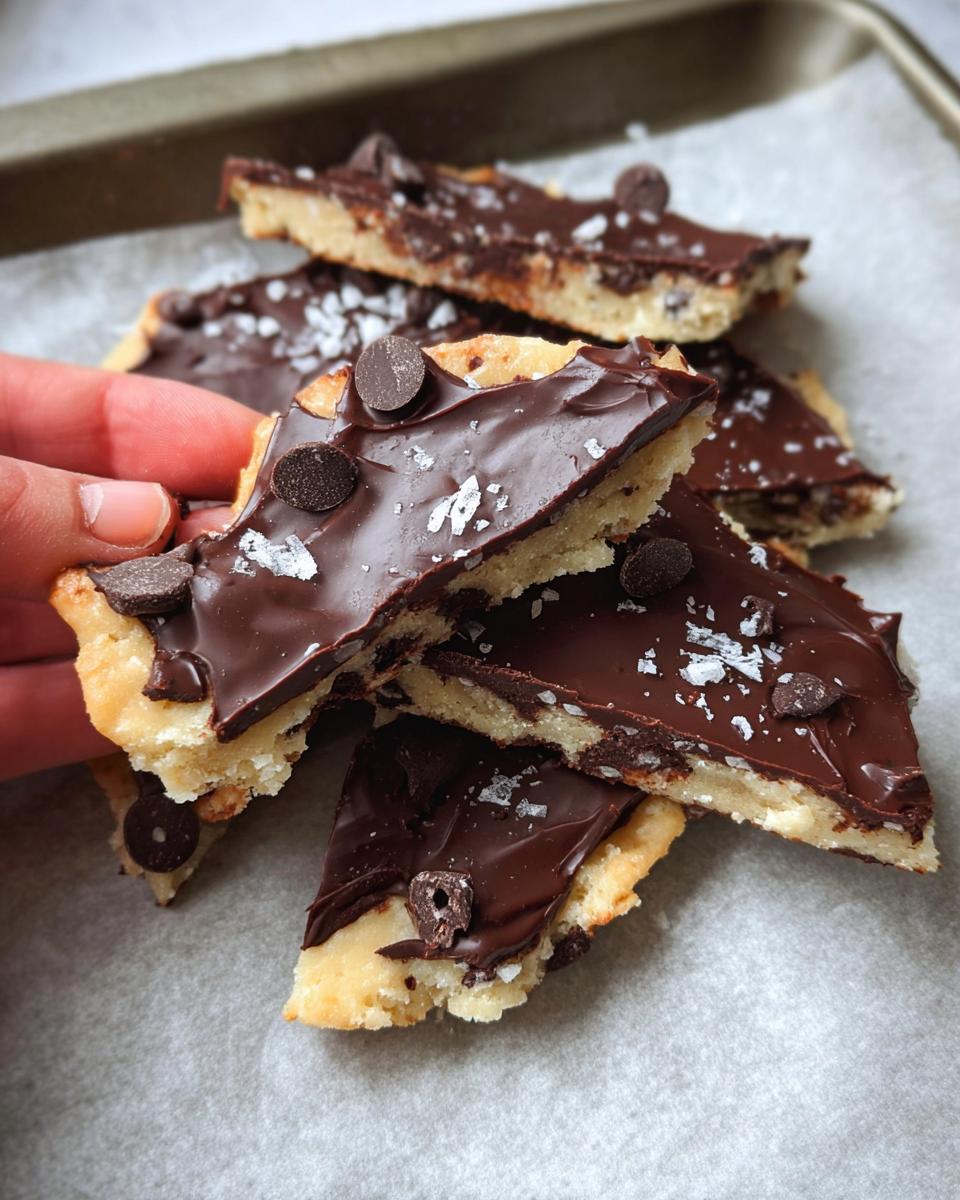 A hand holding a piece of Healthy Cookie Dough Bark, topped with melted chocolate, mini chocolate chips, and sea salt.