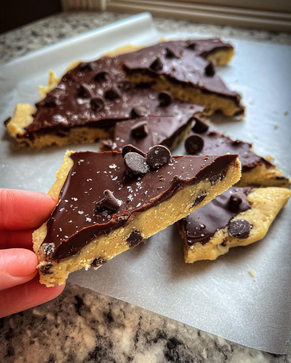 A hand holding a slice of Healthy Cookie Dough Bark topped with chocolate chips and sea salt.