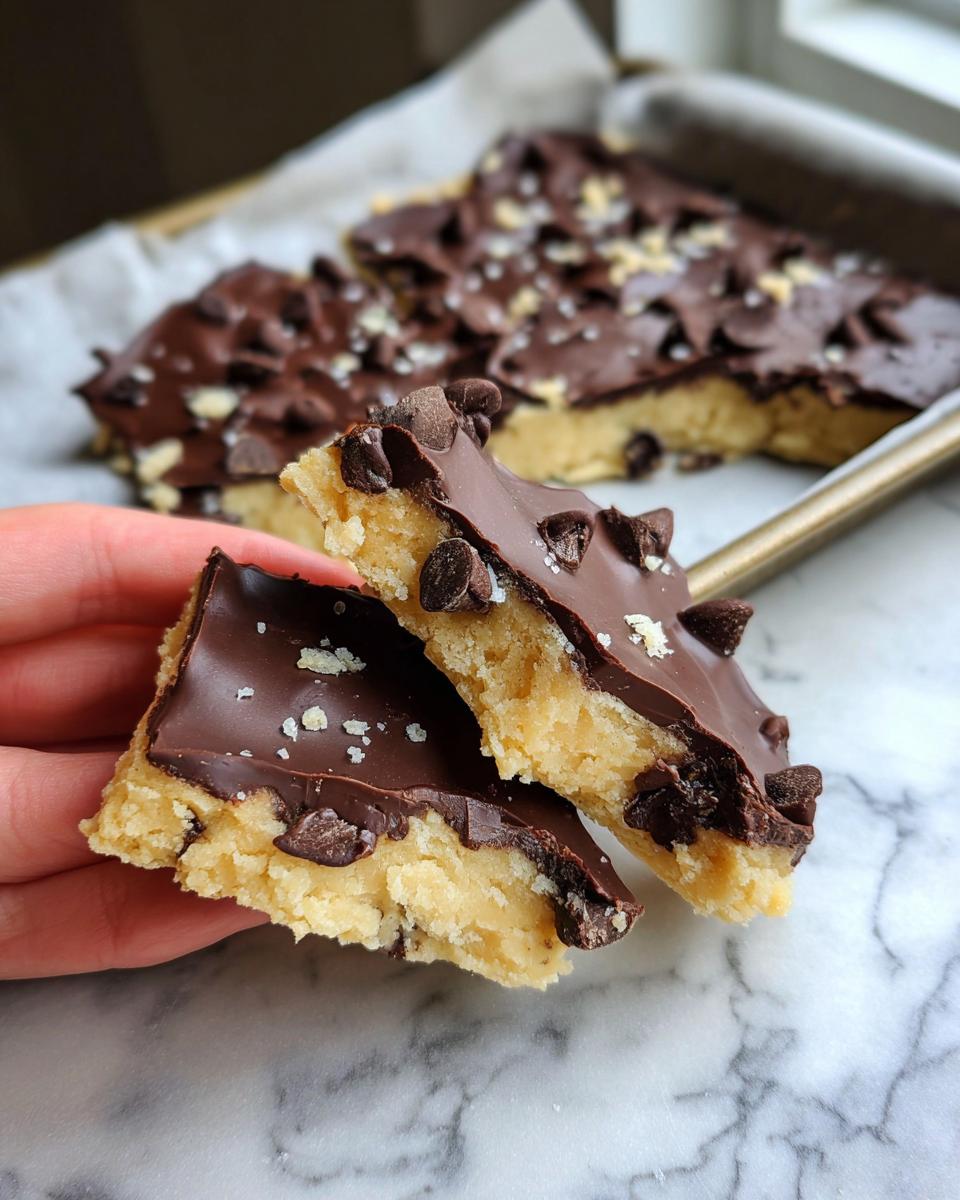 Close-up of a hand holding two pieces of Healthy Cookie Dough Bark, showing the cookie dough base and chocolate topping with chips.