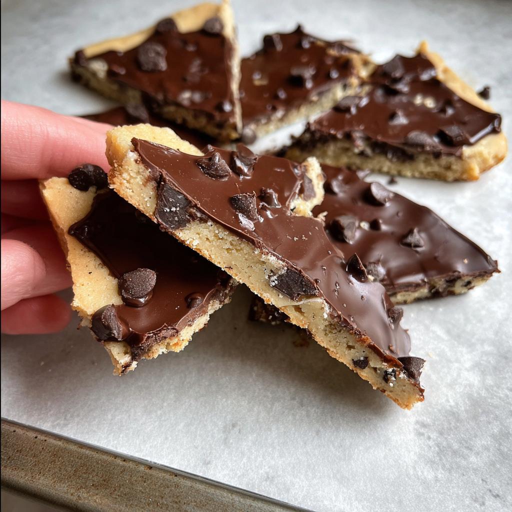 Close-up of triangular slices of healthy cookie dough bark topped with melted chocolate and mini chocolate chips.