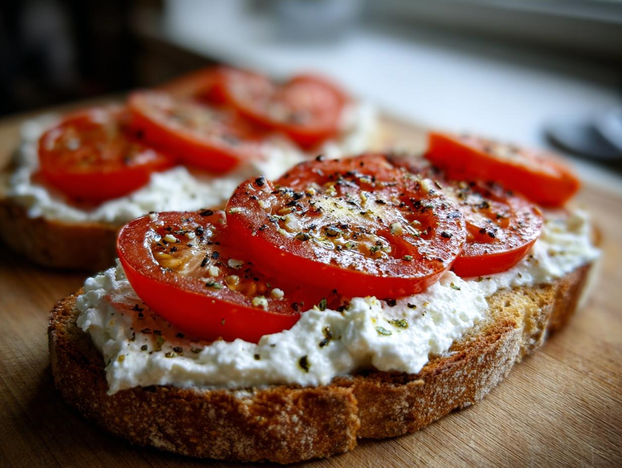 Close-up of healthy cottage cheese toast topped with fresh tomato slices and seasoned with herbs and pepper.