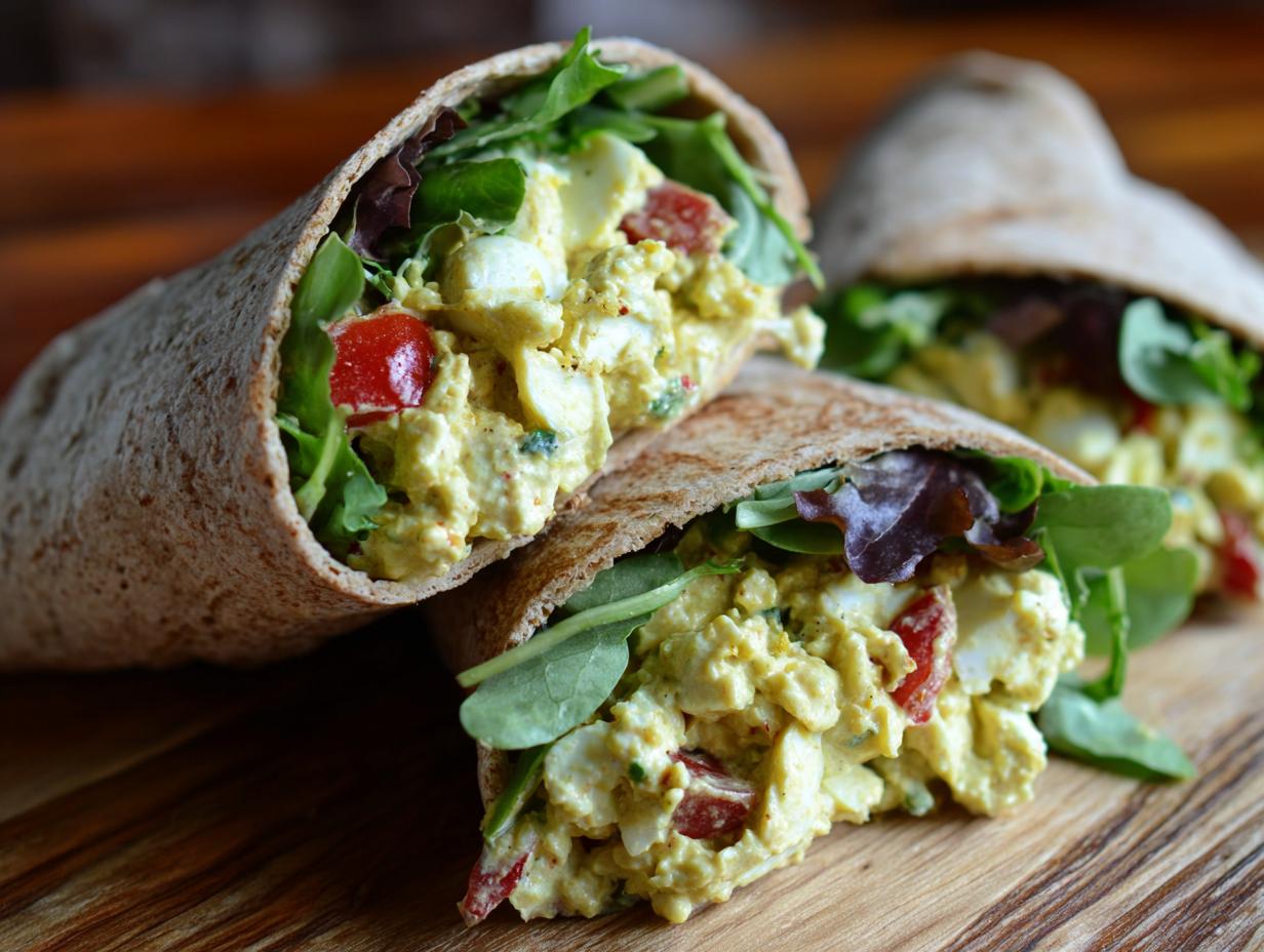 Close-up of healthy lunch idea: high protein egg salad stuffed into whole wheat pitas with fresh greens and tomatoes.