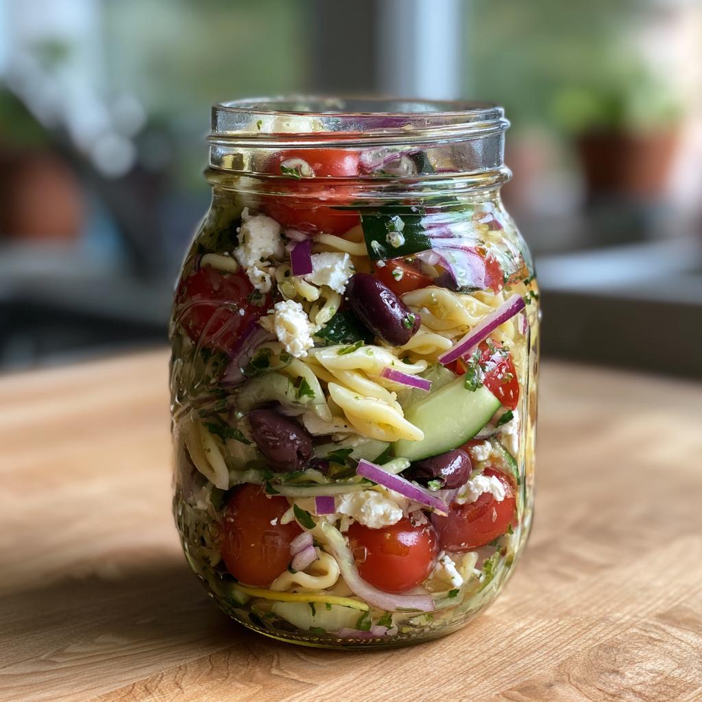 A mason jar filled with colorful Mediterranean pasta salad, featuring pasta, tomatoes, cucumber, olives, feta, and red onion.