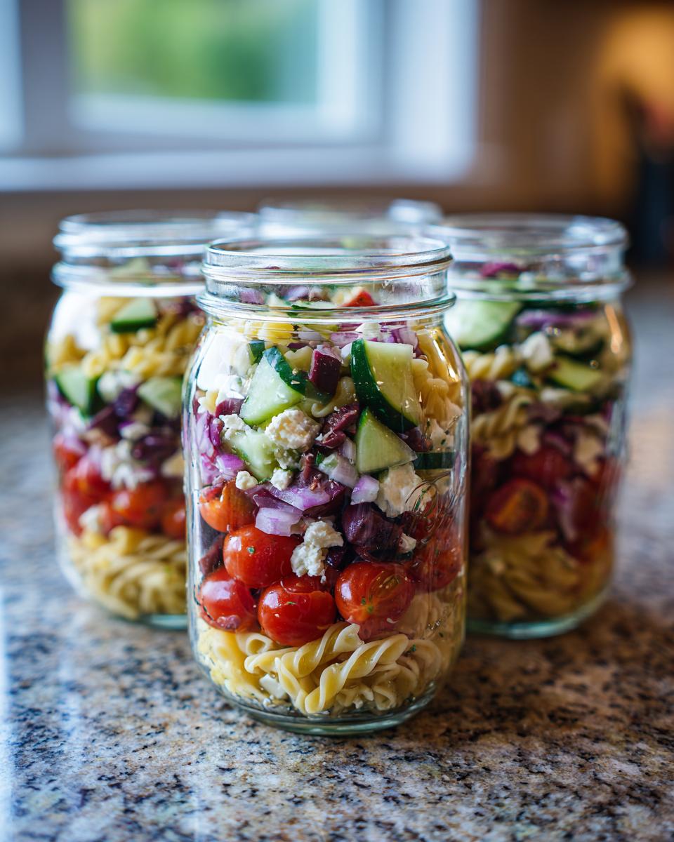 Three glass jars filled with layered Mediterranean pasta salad, showcasing fusilli pasta, cherry tomatoes, cucumber, red onion, olives, and feta cheese.
