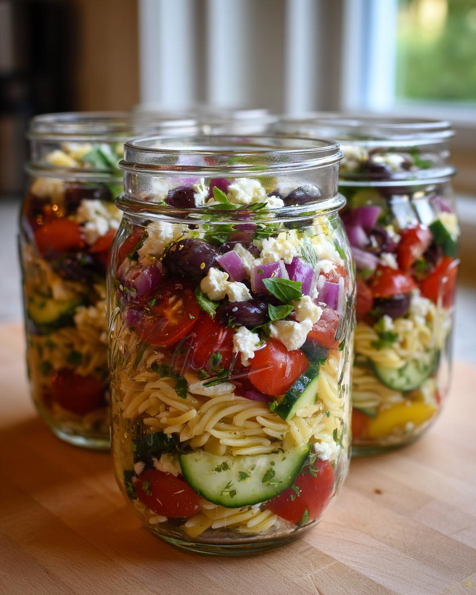 Three mason jars filled with Mediterranean pasta salad, featuring pasta, tomatoes, cucumbers, olives, feta, and red onion.