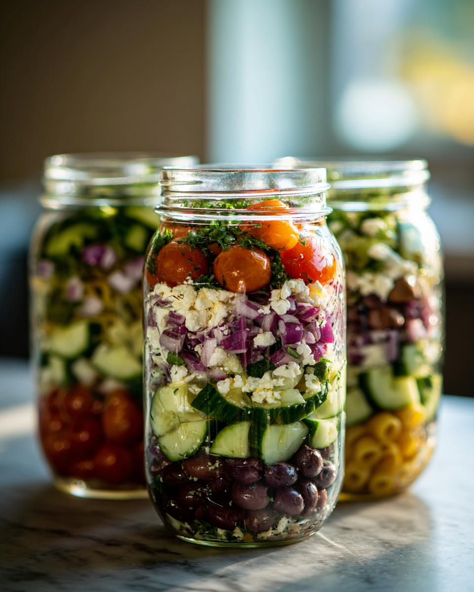 Three mason jars filled with layered Mediterranean pasta salad ingredients, showcasing healthy lunch ideas.