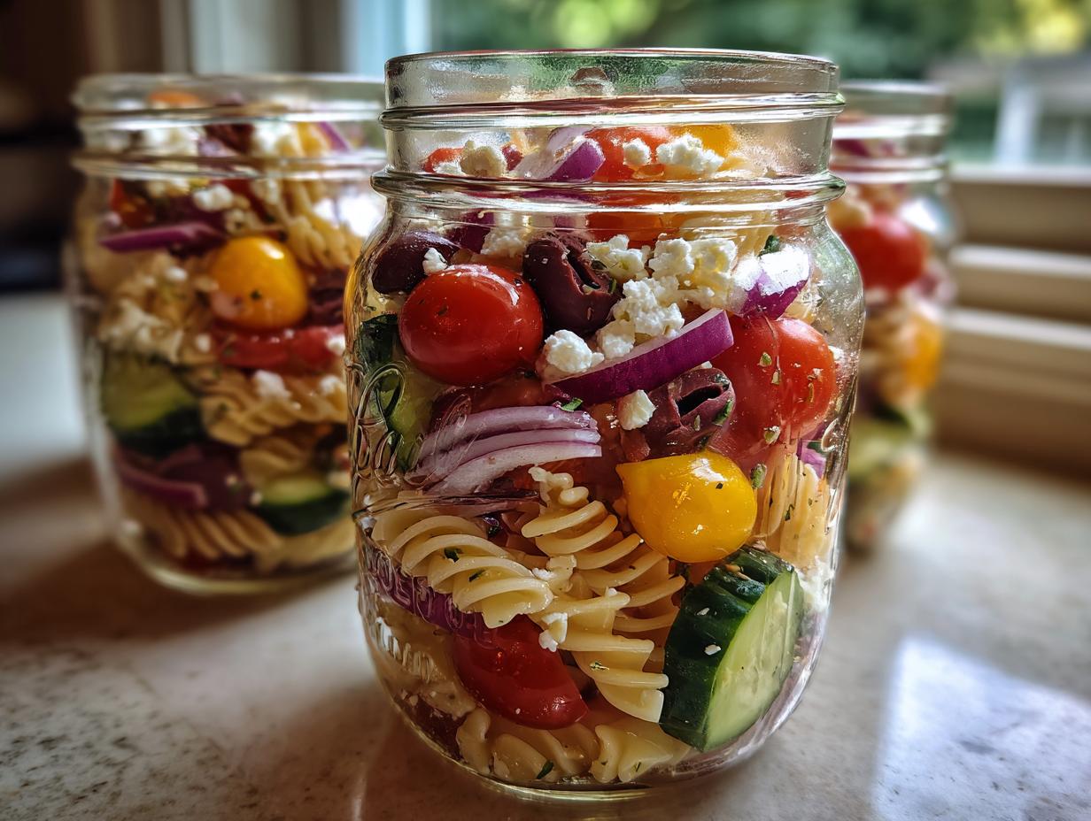 Close-up of a mason jar filled with Mediterranean pasta salad, featuring rotini pasta, cherry tomatoes, cucumber, red onion, olives, and feta cheese.