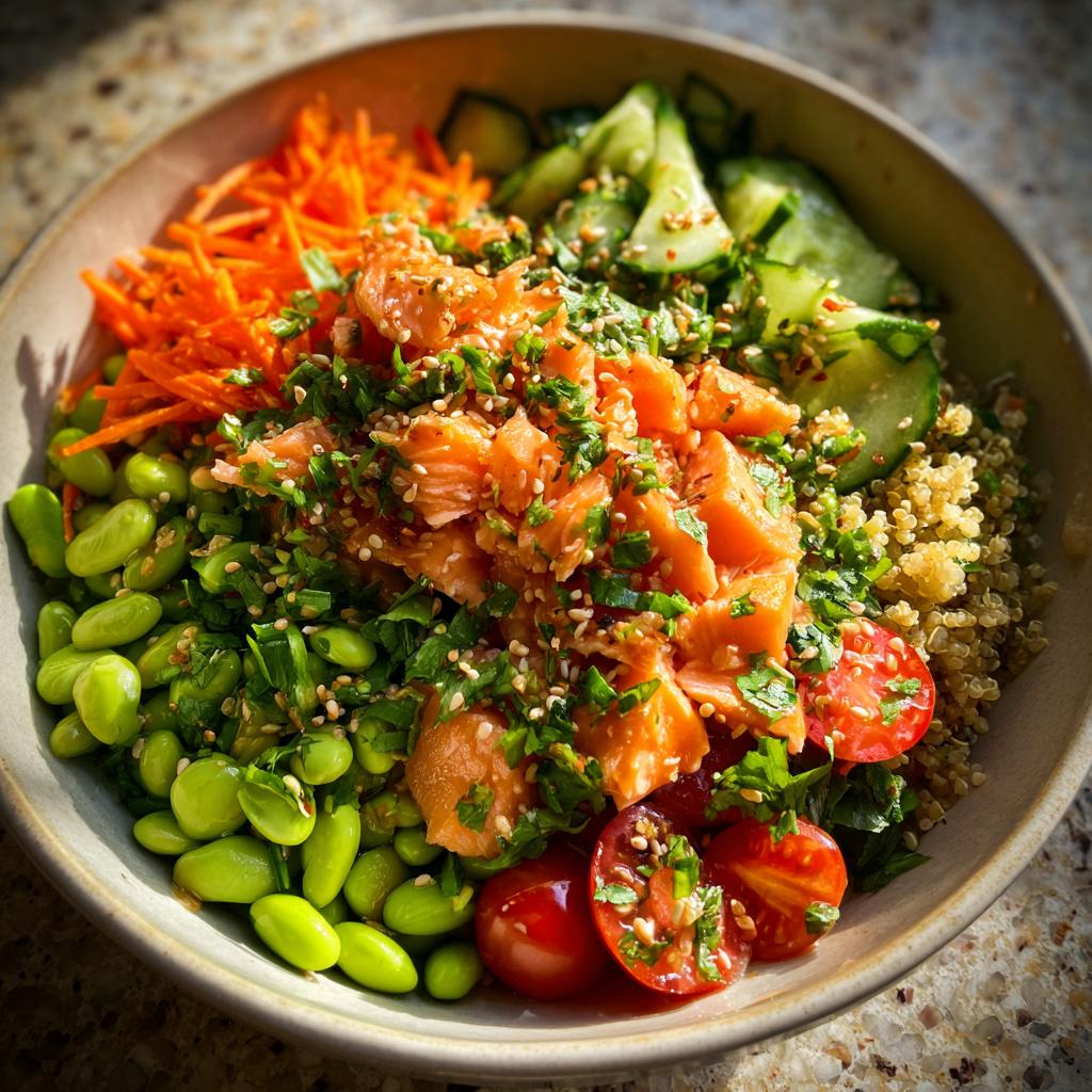 A vibrant salmon power bowl featuring quinoa, edamame, shredded carrots, cucumber, and cherry tomatoes, topped with sesame seeds and herbs.
