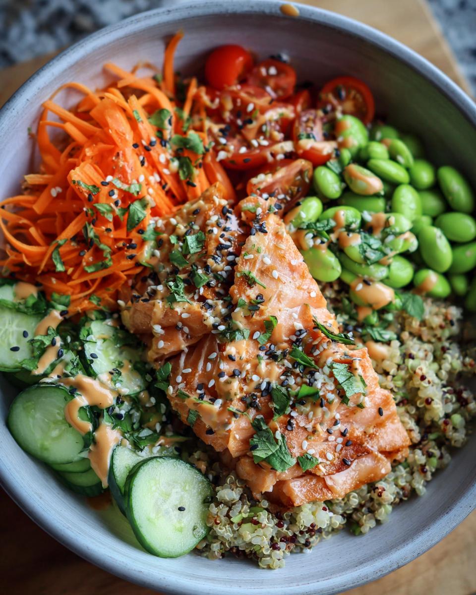 A vibrant salmon power bowl featuring flaked salmon, quinoa, shredded carrots, edamame, cherry tomatoes, and cucumber slices.
