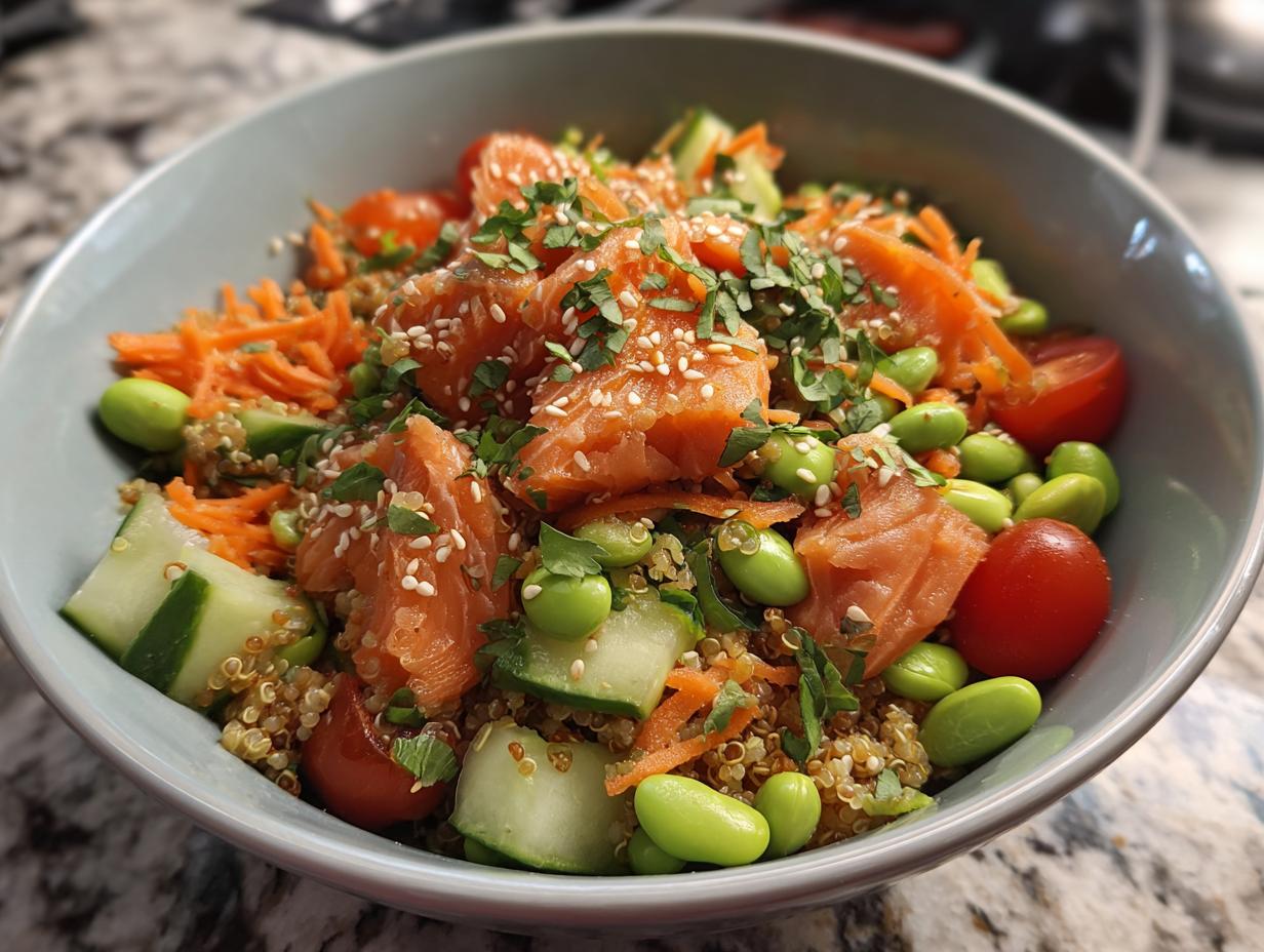 A vibrant salmon power bowl featuring quinoa, flaked salmon, edamame, cucumber, shredded carrots, and cherry tomatoes.