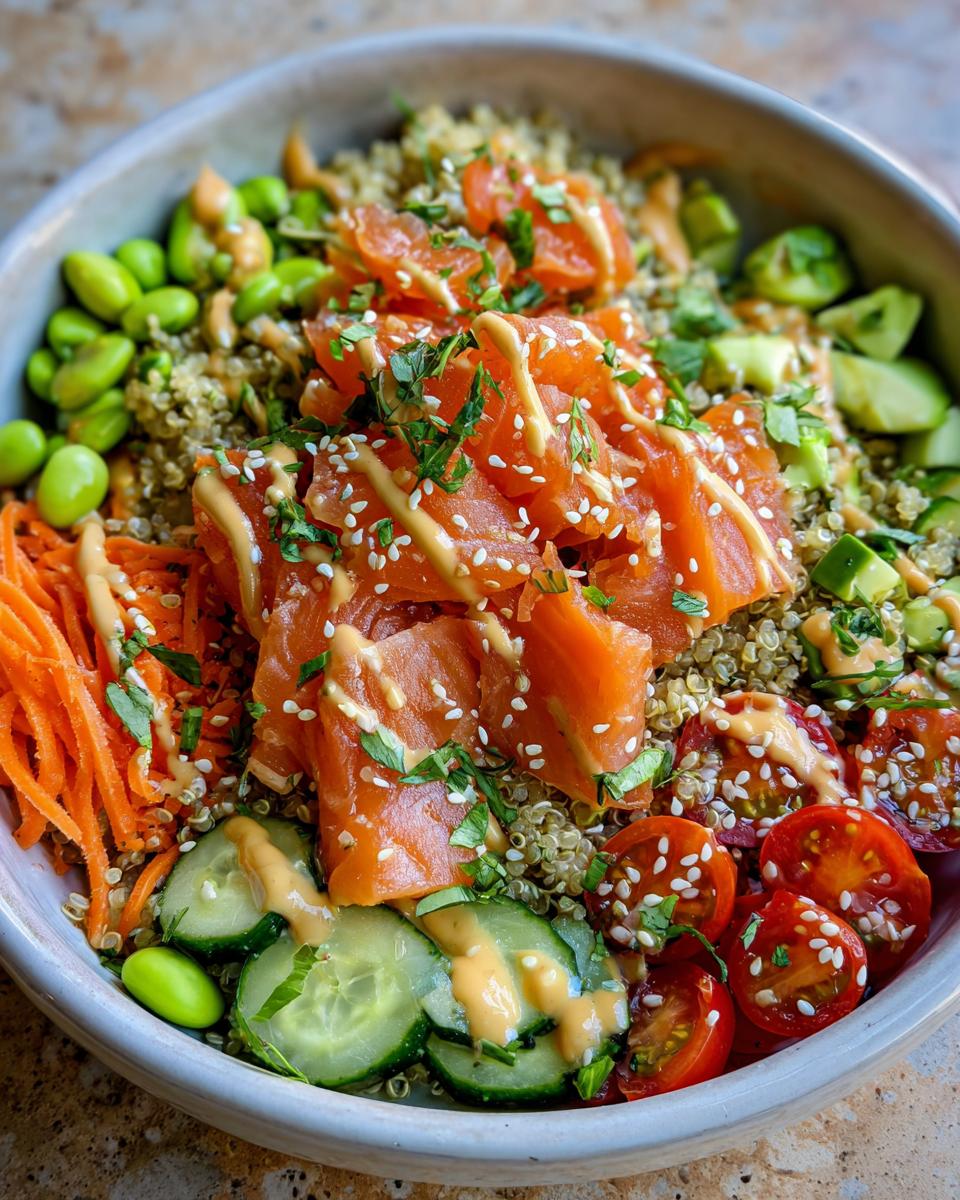 A vibrant salmon power bowl with quinoa, edamame, cucumber, shredded carrots, avocado, and cherry tomatoes, drizzled with sauce and topped with sesame seeds.