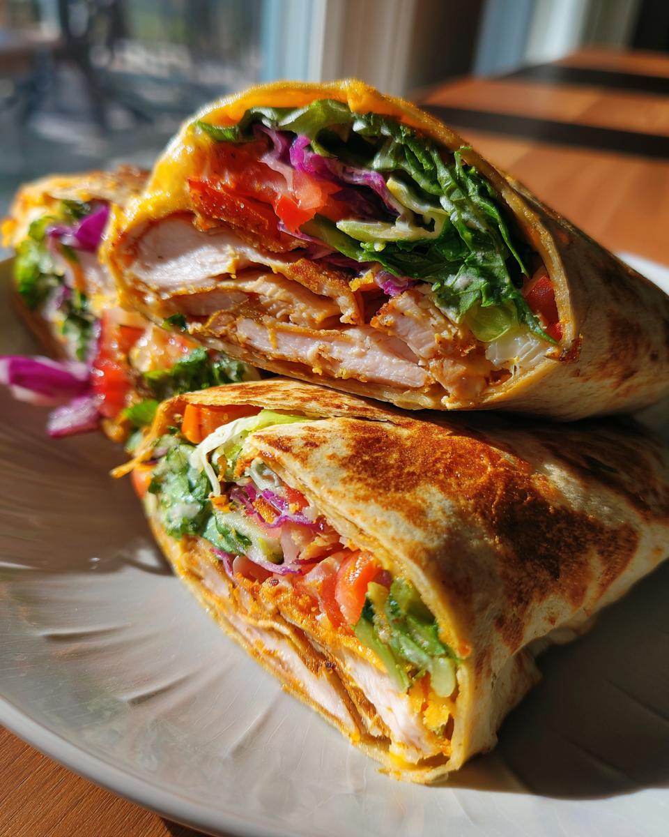 Close-up of a healthy turkey wrap filled with sliced turkey breast, lettuce, tomato, and shredded cabbage.