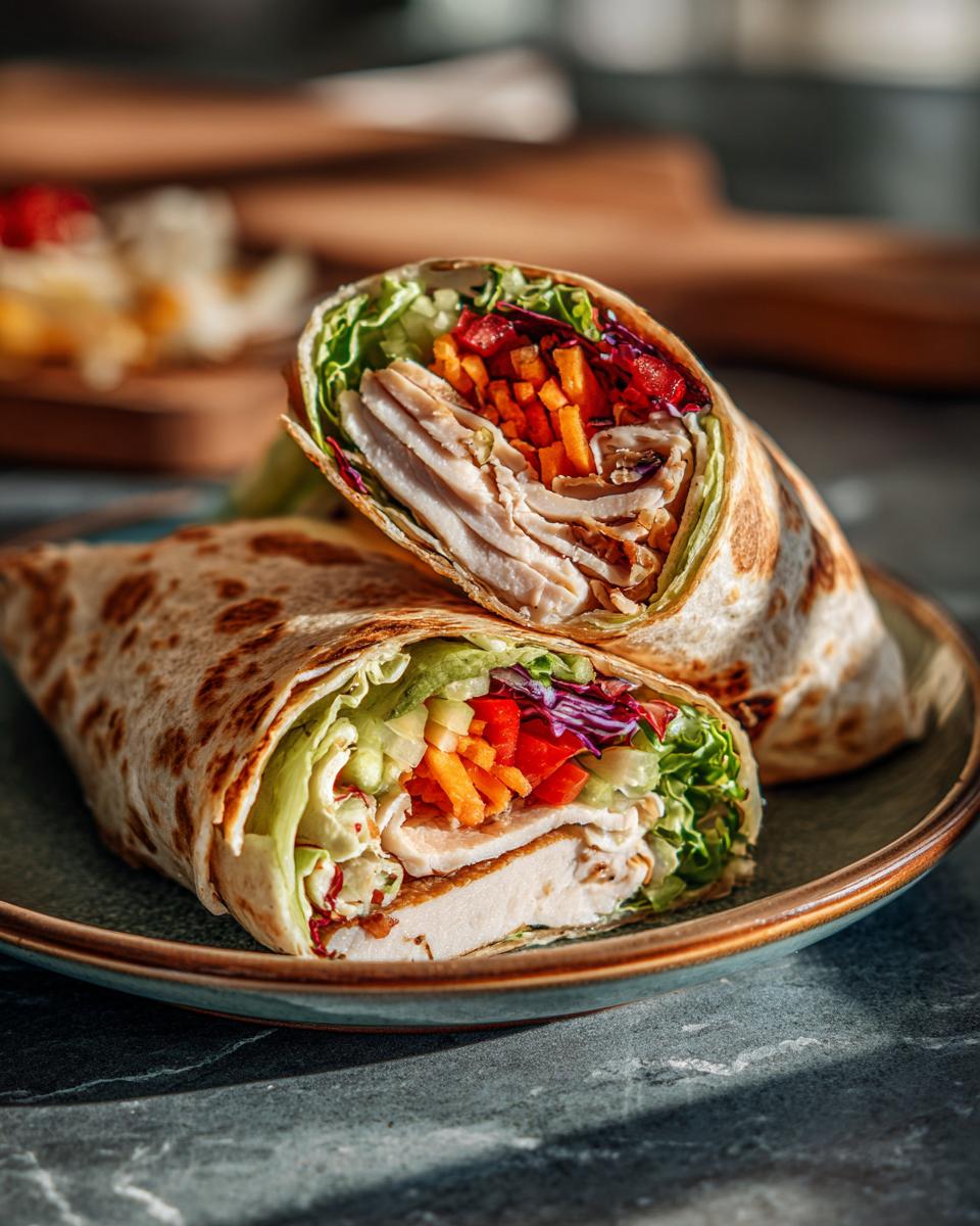 Close-up of a halved turkey wrap filled with sliced turkey, lettuce, shredded carrots, red cabbage, and bell peppers.