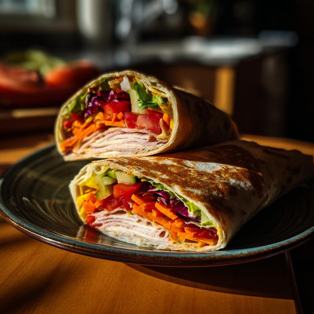 A halved turkey wrap filled with lean turkey slices, lettuce, tomatoes, shredded carrots, and red cabbage, showcasing healthy lunch ideas.