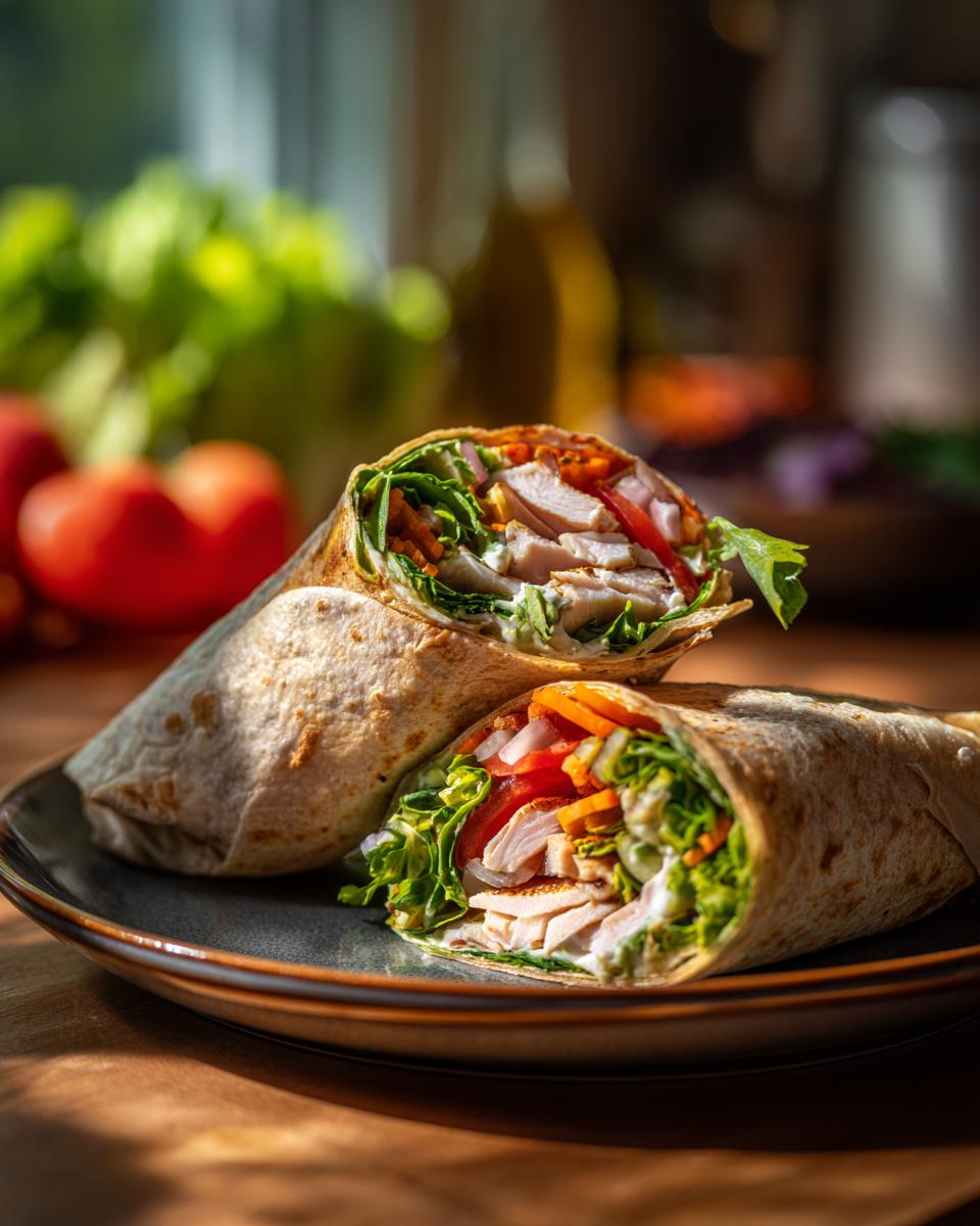 Two halves of a healthy turkey wrap filled with sliced turkey, lettuce, tomatoes, carrots, and onions on a plate.