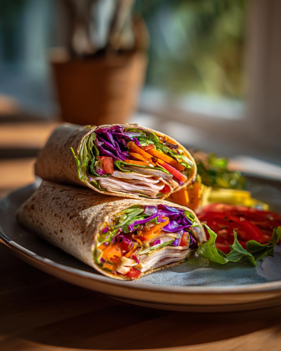 Two halves of a healthy turkey wrap filled with turkey slices, lettuce, red cabbage, carrots, and tomatoes.