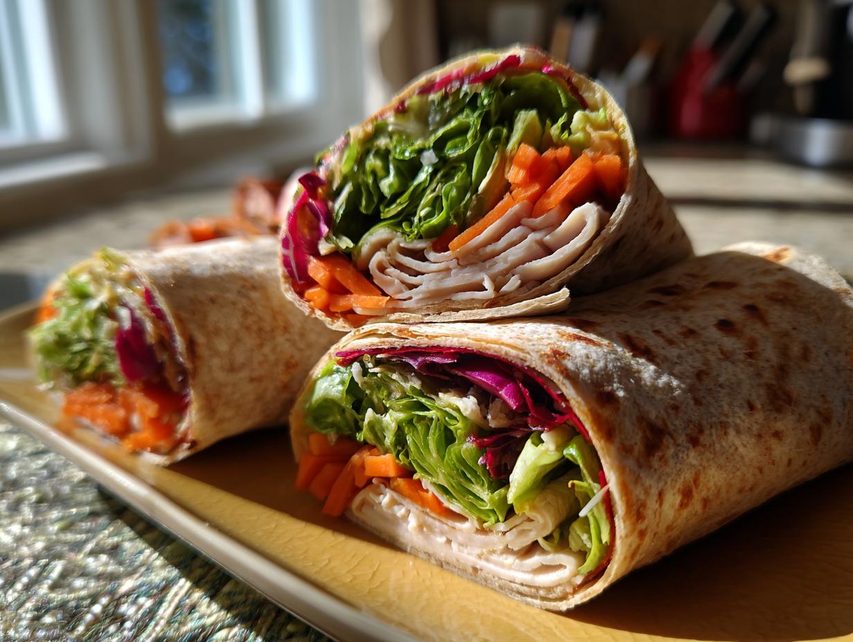 Close-up of healthy turkey wraps filled with sliced turkey, lettuce, shredded carrots, and red cabbage.