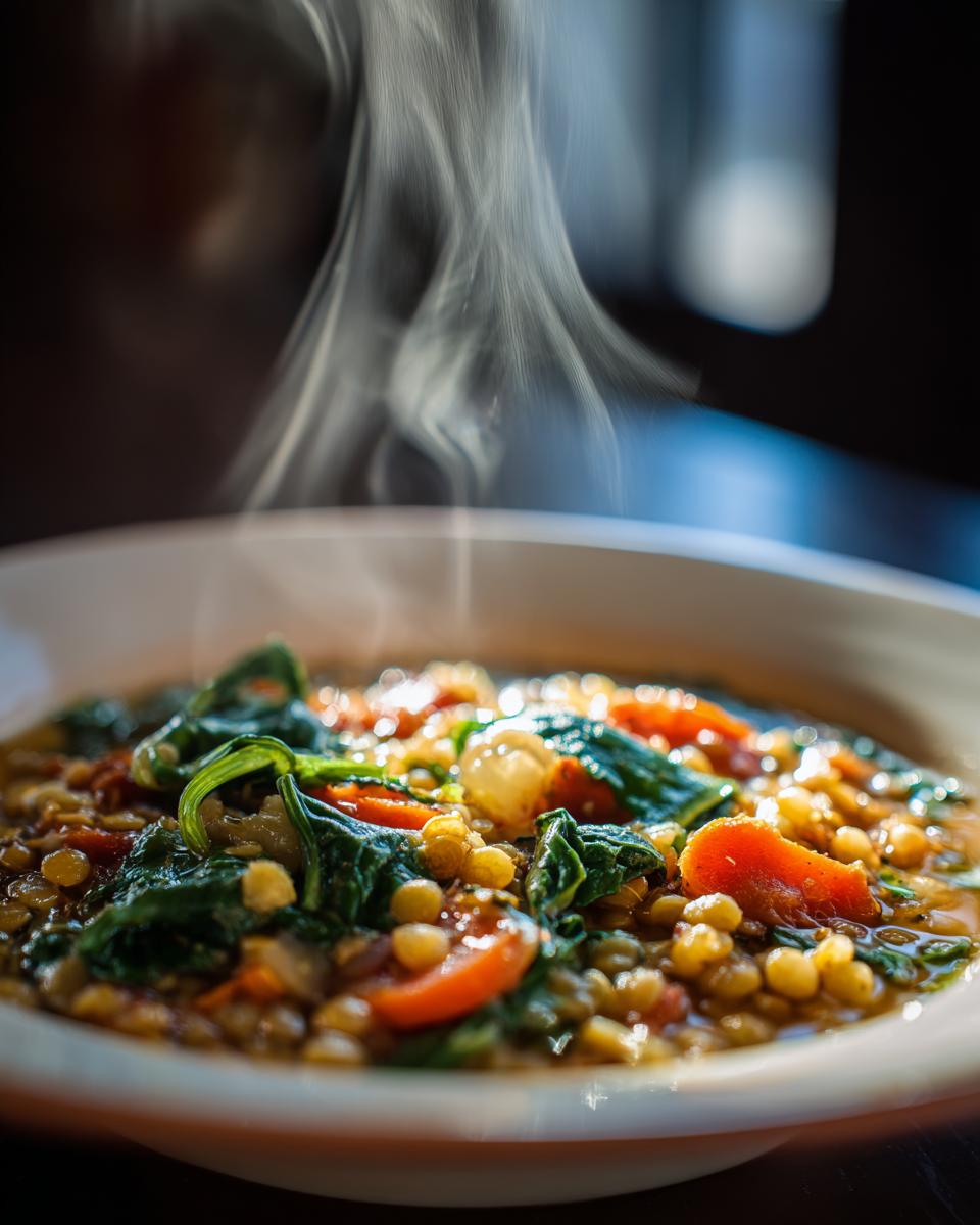 Close-up of a steaming bowl of lentil vegetable soup, featuring lentils, spinach, and carrots.